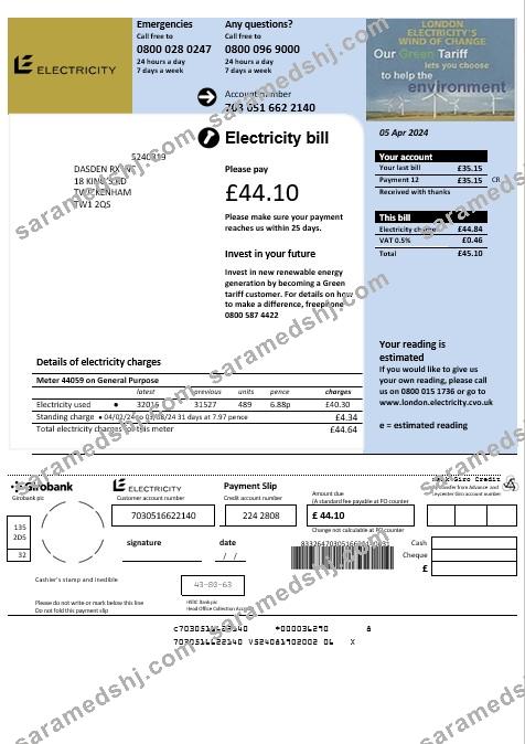 United Kingdom Electricity business utility bill template in Word and PDF formats